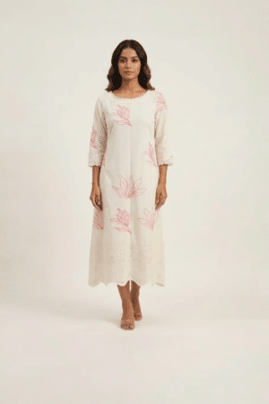 off white embroidered midi dress with pink floral detailing