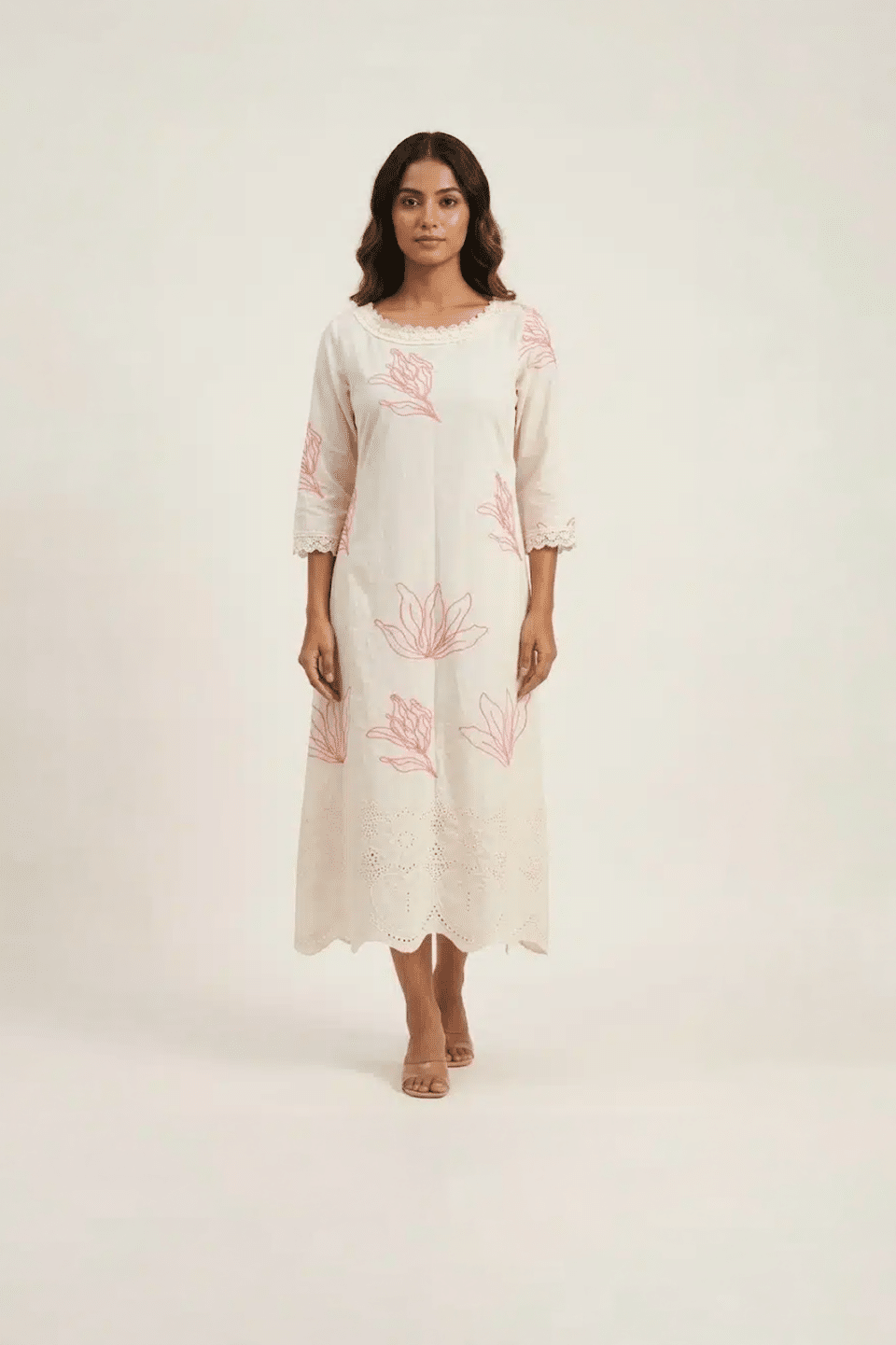 Off White Embroidered Dress with Floral Detail