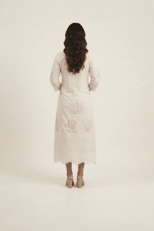 off white embroidered midi dress with pink floral detailing