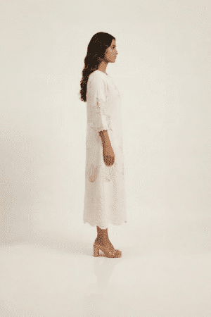off white embroidered midi dress with pink floral detailing
