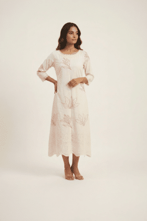 off white embroidered midi dress with pink floral detailing