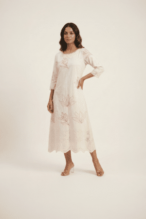 off white embroidered midi dress with pink floral detailing