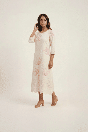off white embroidered midi dress with pink floral detailing