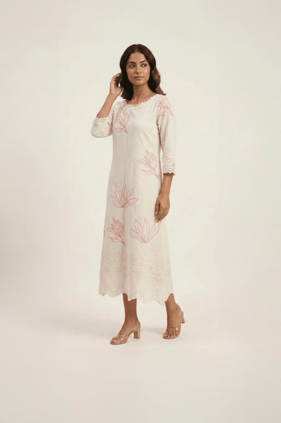 off white embroidered midi dress with pink floral detailing