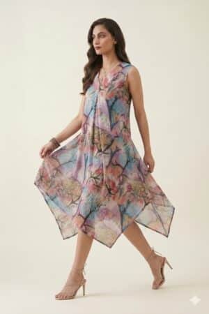 Pastel abstract handkerchief midi dress on model