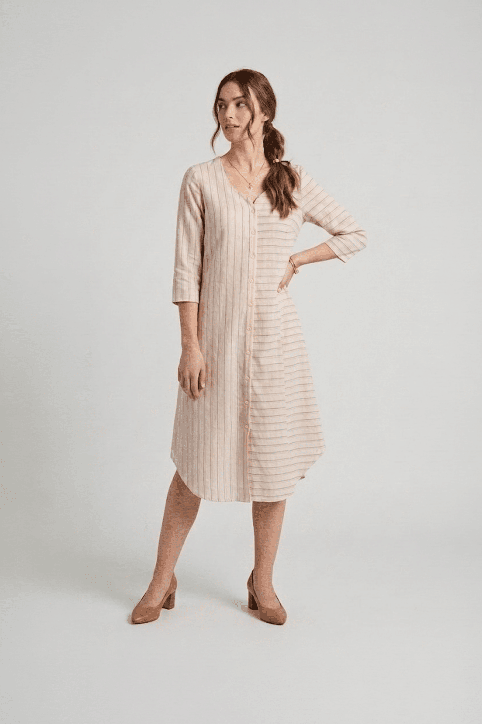 Beige Striped Button-Front Midi Dress