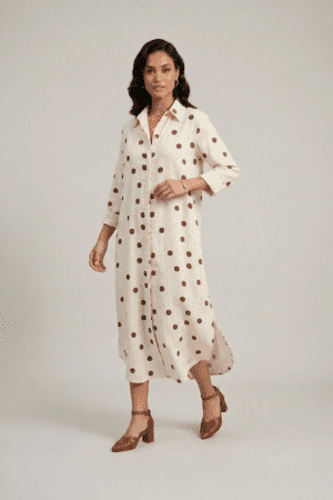 Beige polka dot shirt dress for women in cotton midi length with relaxed fit