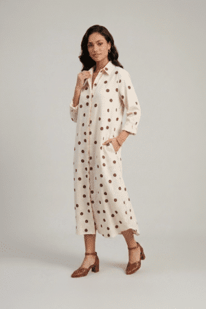 Beige polka dot shirt dress for women in cotton midi length with relaxed fit