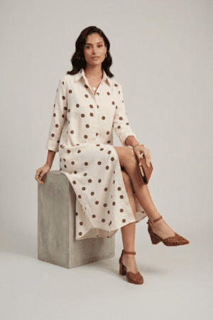 Beige polka dot shirt dress for women in cotton midi length with relaxed fit