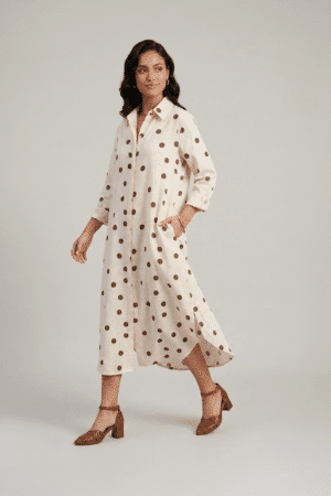 Beige polka dot shirt dress for women in cotton midi length with relaxed fit