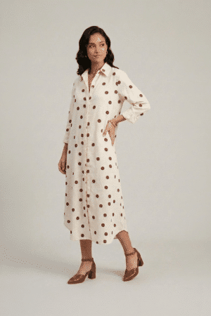 Beige polka dot shirt dress for women in cotton midi length with relaxed fit