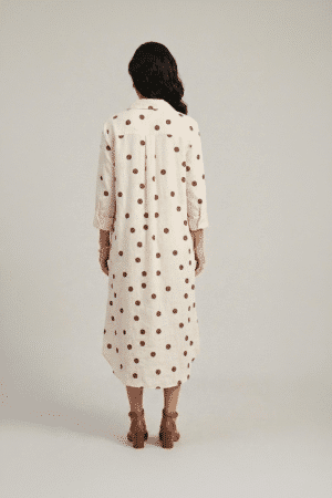 Beige polka dot shirt dress for women in cotton midi length with relaxed fit