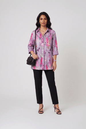 lilac floral satin shirt with black pants for women