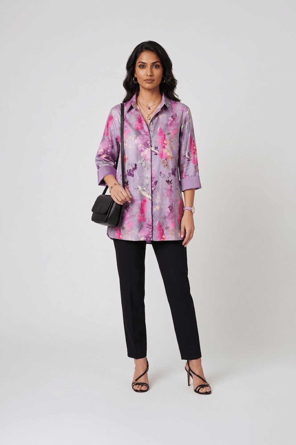 lilac floral satin shirt with black pants for women