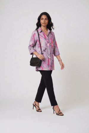 lilac floral satin shirt with black pants for women