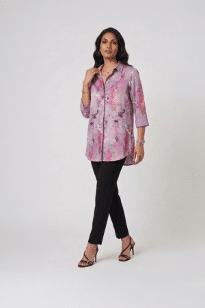 lilac floral satin shirt with black pants for women