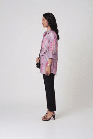 lilac floral satin shirt with black pants for women