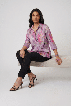 lilac floral satin shirt with black pants for women