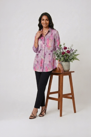 lilac floral satin shirt with black pants for women