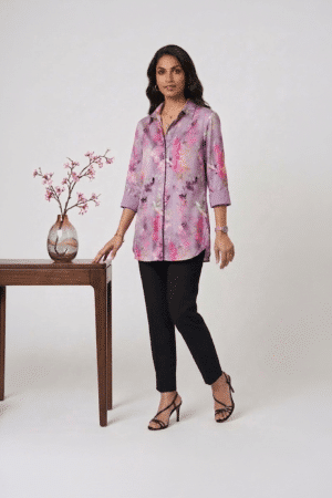 lilac floral satin shirt with black pants for women