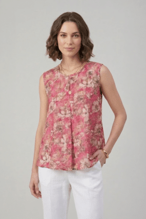 Pink Floral Top with sleeveless design and front pleat detail