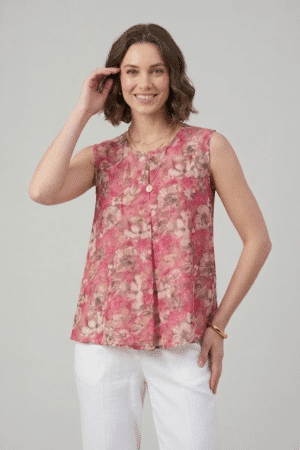 Pink Floral Top with sleeveless design and front pleat detail