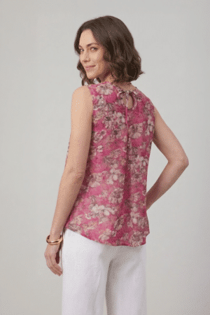 Pink Floral Top with sleeveless design and front pleat detail