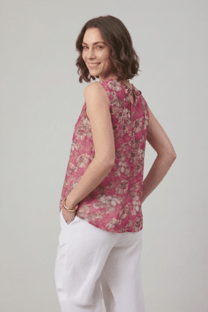 Pink Floral Top with sleeveless design and front pleat detail
