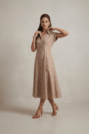 Beige Shirt Dress with collar neckline and short sleeves