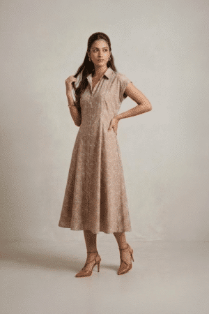 Beige Shirt Dress with collar neckline and short sleeves