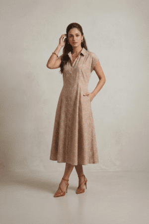 Beige Shirt Dress with collar neckline and short sleeves