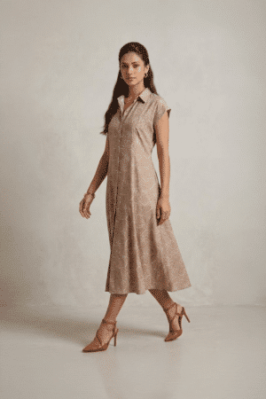 Beige Shirt Dress with collar neckline and short sleeves