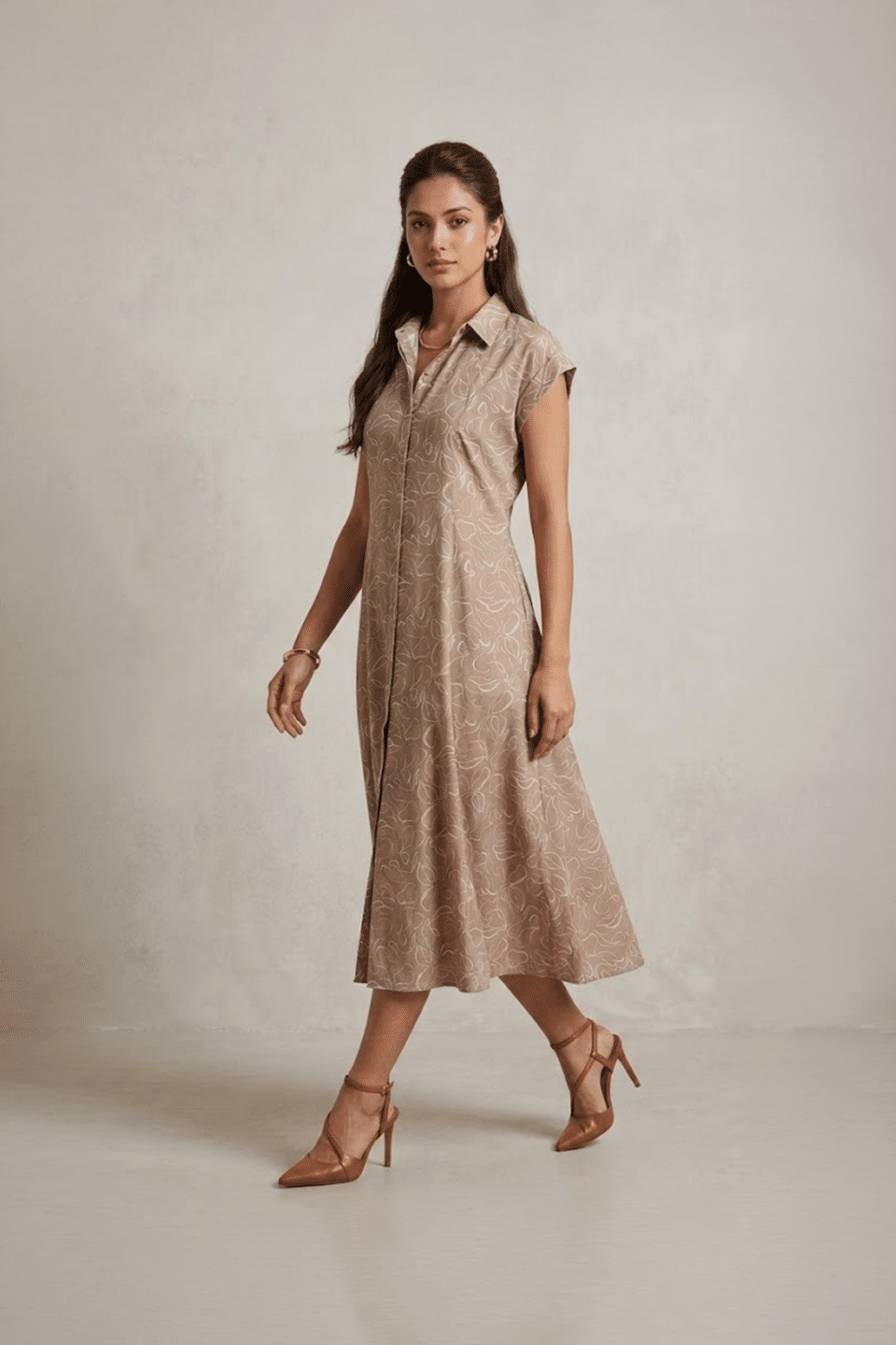 Beige Printed Collared A-Line Midi Dress for Women