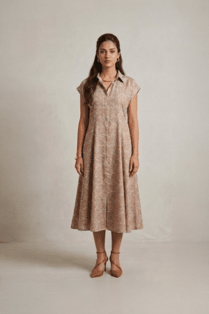Beige Shirt Dress with collar neckline and short sleeves