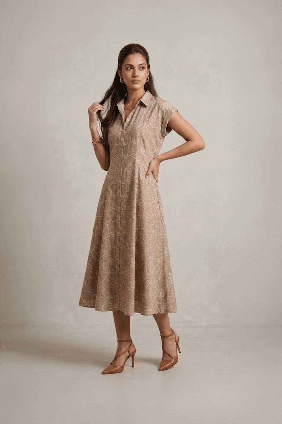 Beige Shirt Dress with collar neckline and short sleeves