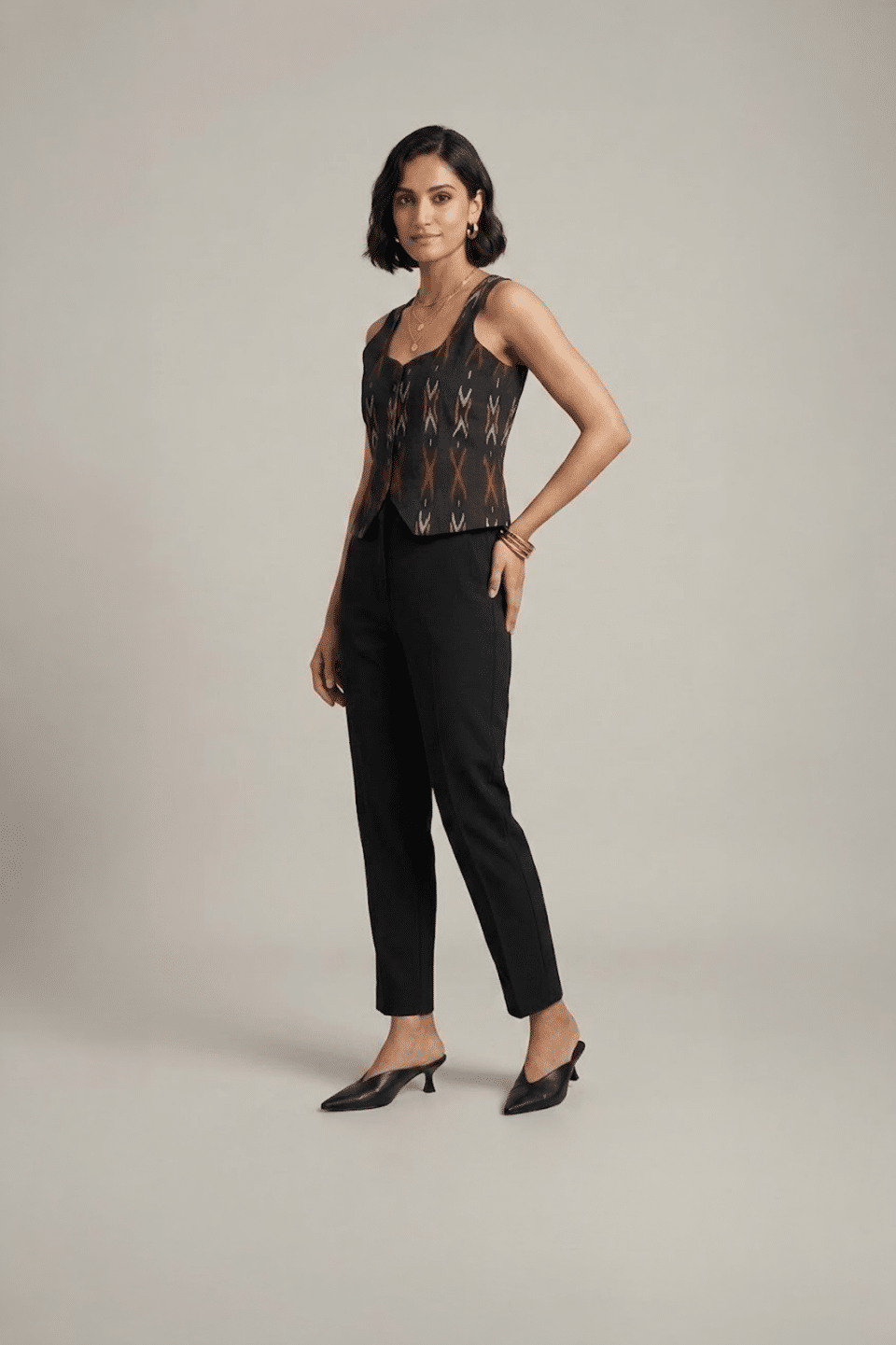 Black Ikat Sleeveless Top with Tailored Fit