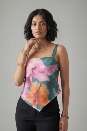 Multicolor Handkerchief Top with strappy neckline and pointed hem