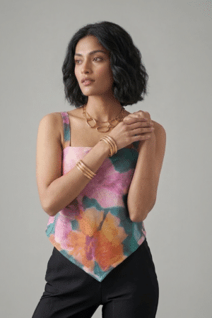 Multicolor Handkerchief Top with strappy neckline and pointed hem