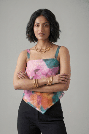 Multicolor Handkerchief Top with strappy neckline and pointed hem