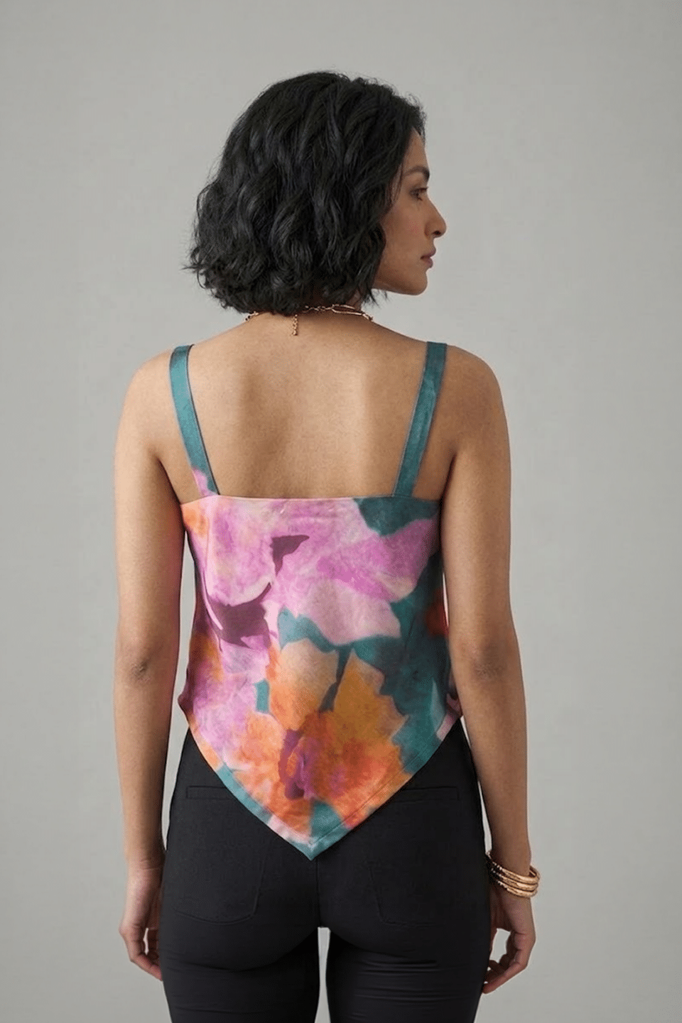 Multicolor Handkerchief Top with strappy neckline and pointed hem