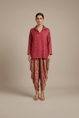 Red kurta dhoti set with printed draped pants for women