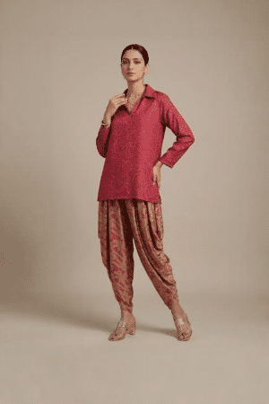 Red kurta dhoti set with printed draped pants for women
