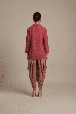 Red kurta dhoti set with printed draped pants for women