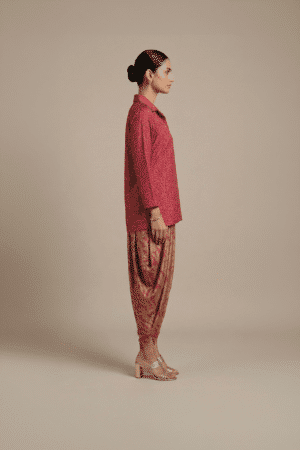 Red kurta dhoti set with printed draped pants for women