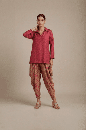 Red kurta dhoti set with printed draped pants for women