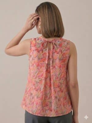 Peach Floral Pleated Top with sleeveless design and soft leaf print