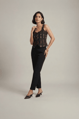 black ikat top for women with sleeveless design and tailored fit