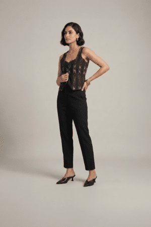 black ikat top for women with sleeveless design and tailored fit
