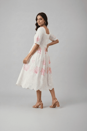 white floral midi dress for women with pink print