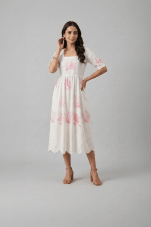 white floral midi dress for women with pink print
